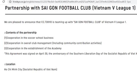 Sài Gòn FC ký hợp tác với Tokyo FC